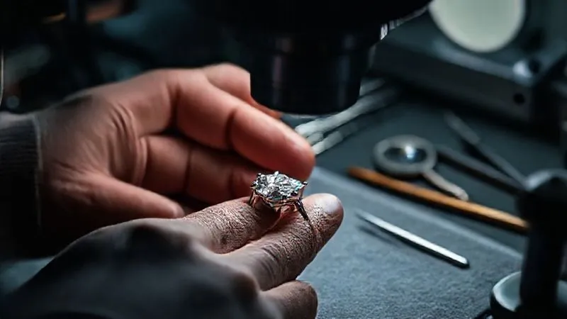 Photorealistic, professional photography, 8K, cinematic lighting, sharp focus on a jeweler's hands meticulously examining the intricate hand-setting of a diamond in a vintage platinum ring under a powerful magnifying glass, with fine tools and a velvet mat in the background, depth of field, shot on a high-end DSLR.