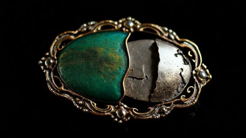 Photorealistic, professional photography, 8K, cinematic lighting, sharp focus on a vintage haute joaillerie brooch, with one side showing a subtle, elegant patina and the other side showing a section with clear signs of an amateur repair and mismatched metal, depth of field, shot on a high-end DSLR.