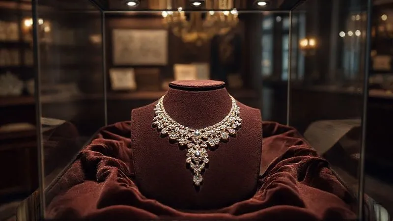Photorealistic, professional photography, 8K, cinematic lighting, sharp focus on a luxurious display case in a high-end auction house, showcasing a vintage haute joaillerie necklace with spotlighting, surrounded by elegant velvet and historical documents, depth of field, shot on a high-end DSLR.