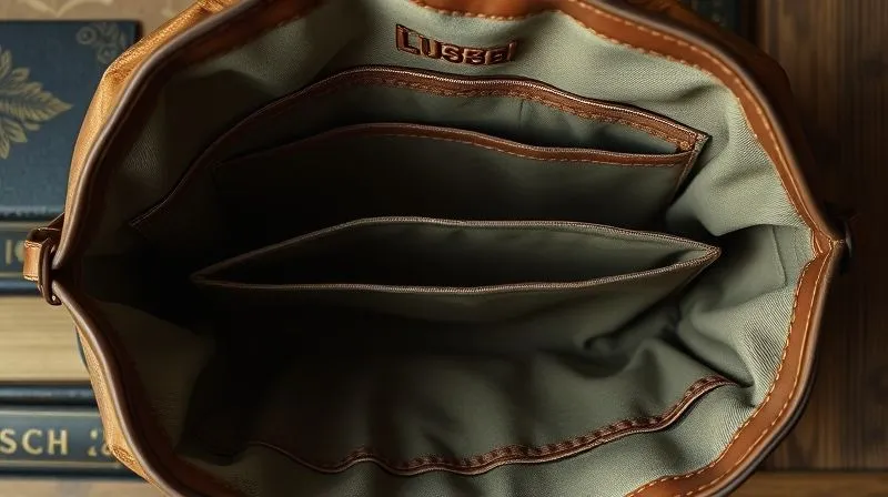 photorealistic, professional photography, 8K, cinematic lighting, sharp focus, depth of field, shot on a high-end DSLR, a close-up overhead shot of an open vintage luxury handbag, revealing its interior lining, pockets, and a faint brand stamp. The light highlights the texture of the fabric and the precision of the stitching, conveying a sense of history and meticulous craftsmanship.