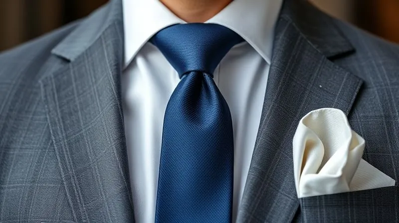 Photorealistic, professional photography, 8K, cinematic lighting, sharp focus on a professional man's chest, showcasing a perfectly tied Windsor knot in a navy silk tie and a neatly folded white linen pocket square in a presidential fold, complementing a charcoal grey suit. Depth of field blurring the background. Shot on a high-end DSLR, highlighting sartorial precision.