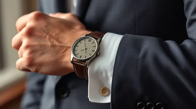 Photorealistic, professional photography, 8K, cinematic lighting, sharp focus on a man's wrist, demonstrating the correct fit of a classic dress watch – the watch face is perfectly proportionate to his wrist, and the leather strap is snug but comfortable, with no excess slack. Depth of field blurring his tailored suit sleeve. Shot on a high-end DSLR, emphasizing proper fit and proportion.
