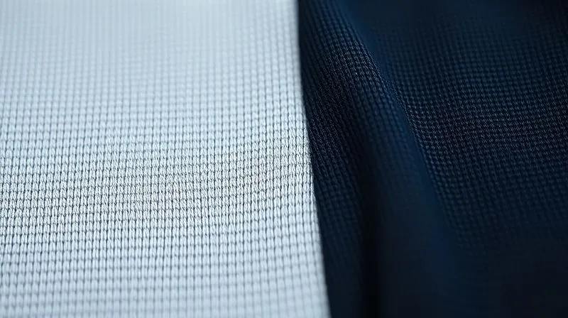 A close-up, photorealistic shot of two distinct activewear fabric swatches side-by-side. One swatch clearly shows a tight, dense interlock knit with visible Lycra threads, appearing resilient and structured. The other swatch, slightly faded and looser woven, suggests inferior quality with visible signs of poor recovery. Professional photography, 8K, cinematic lighting, sharp focus on the texture, depth of field blurring the background, shot on a high-end DSLR.