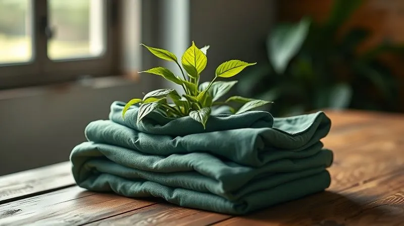 A photorealistic image of a vibrant, healthy green plant growing gracefully out of a neatly folded stack of high-quality activewear leggings, resting on a rustic wooden table. The scene is bathed in soft, natural light, symbolizing sustainability, growth, and the connection between mindful consumption and environmental well-being. Professional photography, 8K, cinematic lighting, sharp focus on the plant and leggings, depth of field blurring the background, shot on a high-end DSLR.