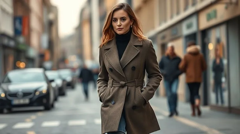 A woman with an effortlessly chic and timeless personal style, confidently walking down a bustling urban street. She wears a well-tailored, classic wool coat and stylish, high-quality leather ankle boots that are elegant but not overtly trendy. Her expression is serene and self-assured, conveying a deep sense of personal confidence and style authenticity. Photorealistic, professional photography, 8K, cinematic lighting, sharp focus on the woman and her footwear, depth of field blurring the background, shot on a high-end DSLR.