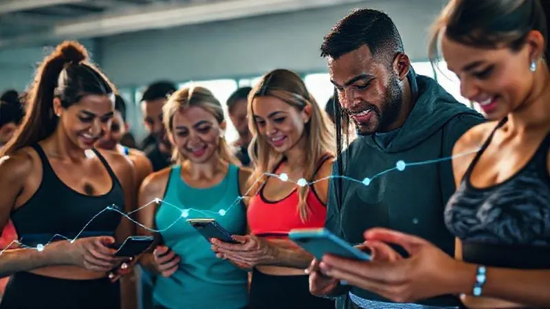 A photorealistic image of a diverse group of fitness enthusiasts engaging with activewear on social media, with data points and trend lines subtly overlaid, cinematic lighting, sharp focus.