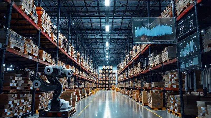 A photorealistic image of a dynamic warehouse with robots efficiently moving activewear inventory, a digital dashboard displaying real-time stock levels and demand forecasts, professional photography, 8K.