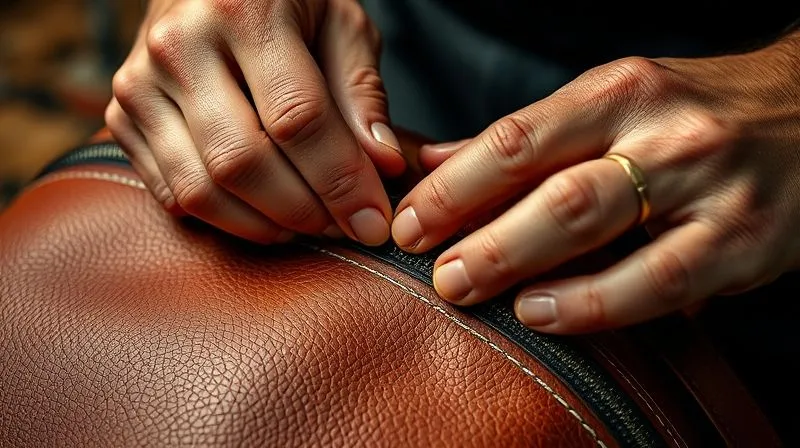 A close-up, photorealistic image of a master artisan's hands meticulously stitching the leather of a luxury handbag, showcasing intricate detail and high-quality materials. Cinematic lighting highlights the texture and precision. Shot on a high-end DSLR, 8K hyper-detailed, professional photography, depth of field.