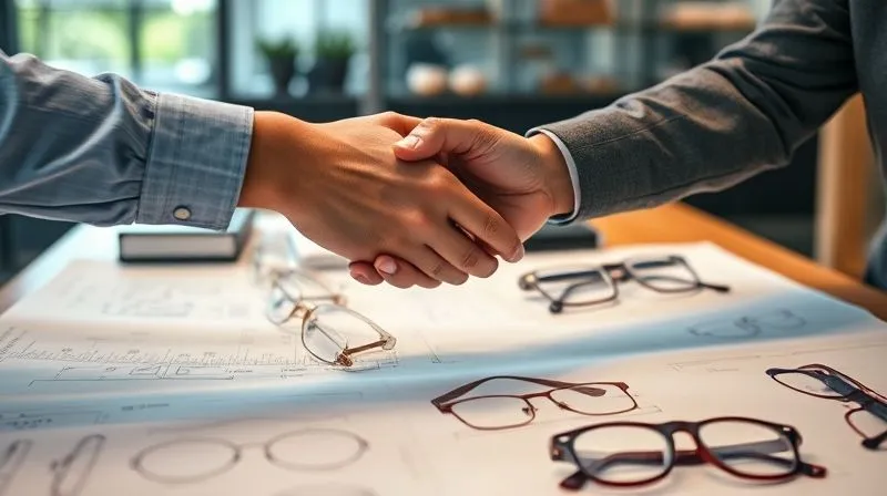 A photorealistic, professional photography shot of two hands, one representing an optical shop owner and the other a eyewear manufacturer, shaking hands across a table laden with blueprints and design sketches of glasses frames, symbolizing strong, collaborative partnership and agile supply chain, 8K, cinematic lighting, sharp focus, depth of field.