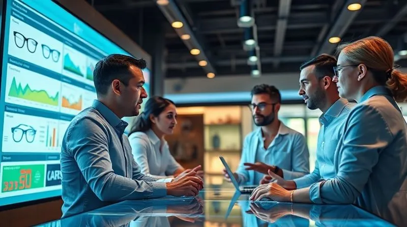 A photorealistic, professional photography shot of a diverse team of optical professionals collaboratively brainstorming around a large, interactive digital display showing eyewear trend data, mood boards, and sales analytics, fostering a culture of continuous learning and adaptation, 8K, cinematic lighting, sharp focus, depth of field.
