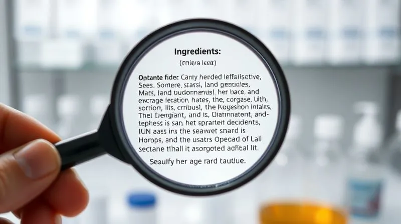 A magnifying glass held over a meticulously detailed ingredient list on a minimalist, elegant product label. The focus is sharp on the text, with a soft, glowing light illuminating the scientific names and symbols. The background is a clean, modern lab setting, photorealistic, professional photography, 8K, cinematic lighting, sharp focus, depth of field, shot on a high-end DSLR.