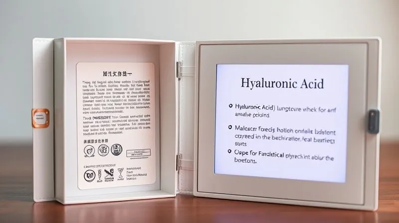 An open, elegant product packaging showing a beautifully designed, minimalist label with clear, legible ingredient information and symbols for certifications. On a separate digital screen next to it, a detailed breakdown of one key ingredient (e.g., Hyaluronic Acid) is displayed, showing its origin, function, and benefits. Photorealistic, professional photography, 8K, cinematic lighting, sharp focus, depth of field, shot on a high-end DSLR.
