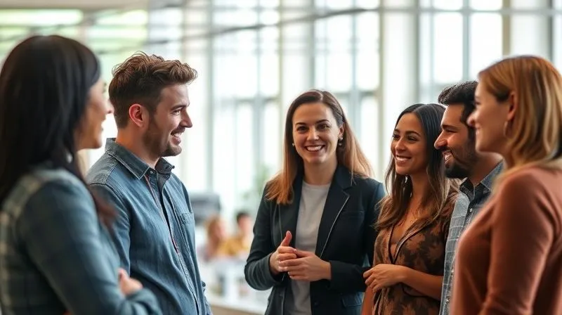 A diverse group of people (representing consumers and brand representatives) engaged in an open, honest conversation in a brightly lit, modern space. They are smiling and making eye contact, symbolizing clear, transparent, and empathetic communication. Photorealistic, professional photography, 8K, cinematic lighting, sharp focus, depth of field, shot on a high-end DSLR.
