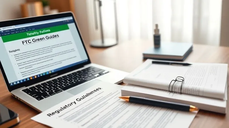 A neatly organized desk with legal documents, a laptop displaying regulatory guidelines for cosmetic products (e.g., FTC Green Guides), and a pen. A clean beauty product sits subtly in the background, symbolizing diligent research and compliance. Photorealistic, professional photography, 8K, cinematic lighting, sharp focus, depth of field, shot on a high-end DSLR.