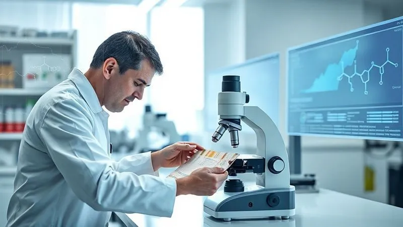 A photorealistic, brightly lit laboratory setting, with a scientist in a white coat carefully examining a fabric swatch under a microscope. Data graphs and chemical structures are subtly overlaid on transparent screens in the background, symbolizing scientific verification of sustainable materials. Professional photography, 8K, cinematic lighting, sharp focus on the fabric and microscope, depth of field, shot on a high-end DSLR.