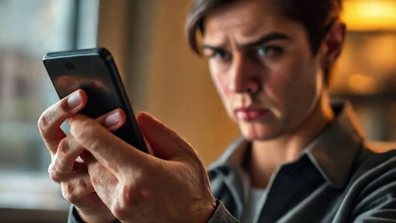A photorealistic image of a person holding a smartphone, scrolling through a news feed with headlines about 'Greenwashing Scandal' and 'Untrustworthy Brands', their face showing concern and skepticism, cinematic lighting, sharp focus on the phone screen and person's expression, depth of field, professional photography, 8K hyper-detailed.