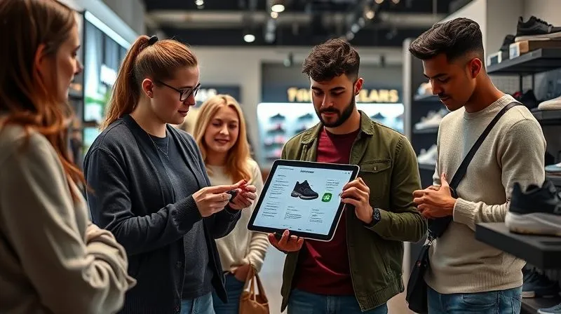 A diverse group of consumers thoughtfully examining different sustainable footwear options in a modern, well-lit retail environment. One person holds a tablet displaying clear, concise sustainability information about a shoe. The atmosphere is informed and empowered. Photorealistic, professional photography, 8K, cinematic lighting, sharp focus on the consumers and the tablet, depth of field subtly blurring the background, shot on a high-end DSLR, emphasizing education and informed choices.
