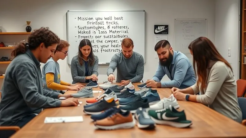 A diverse team of footwear designers, marketers, and sustainability experts collaborating around a large table, reviewing sustainable material samples and digital prototypes. A whiteboard in the background shows a mission statement focused on ethical production and transparency. The mood is collaborative and committed. Photorealistic, professional photography, 8K, cinematic lighting, sharp focus on the team and samples, depth of field blurring the background, shot on a high-end DSLR, symbolizing internal commitment to sustainability.