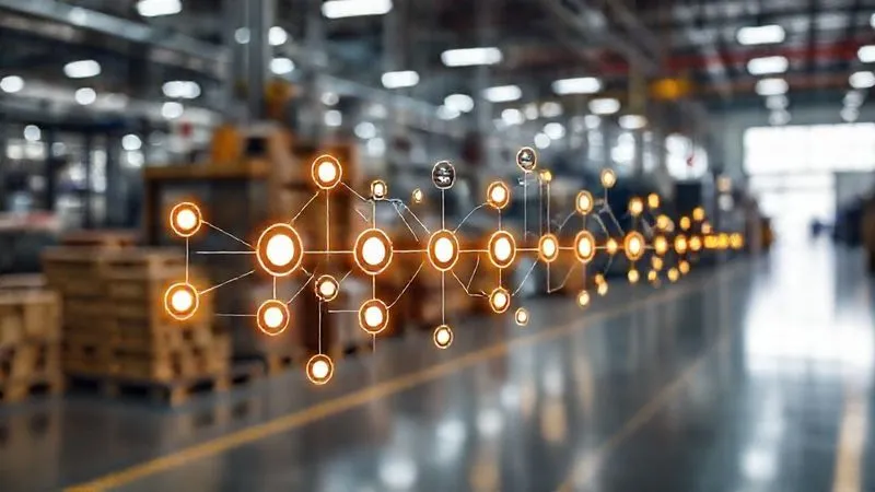 A photorealistic, professional photography image of a detailed, intricate footwear supply chain diagram, with glowing nodes representing transparency checkpoints, set against a backdrop of a modern factory floor. Cinematic lighting, sharp focus on the diagram, depth of field blurring the background, 8K hyper-detailed, shot on a high-end DSLR.