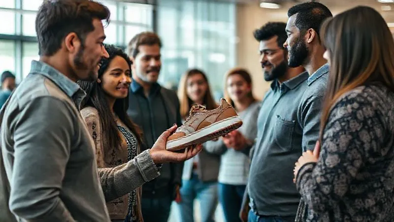 A photorealistic, professional photography image of a diverse group of people (representing consumers and critics) providing feedback to a brand representative holding an eco-friendly shoe. The scene is open and collaborative, with subtle visual cues of transparency and active listening. Cinematic lighting, sharp focus on the interaction, depth of field, 8K hyper-detailed, shot on a high-end DSLR.