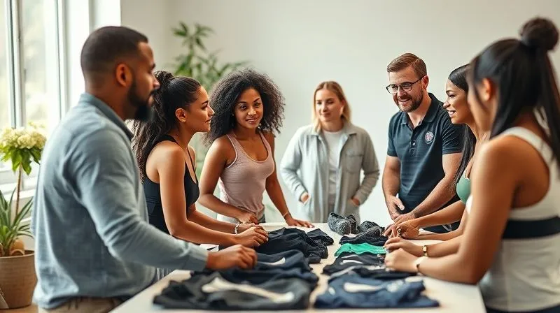 A photorealistic image of a diverse group of people (representing consumers and brand representatives) engaged in an open, honest conversation about sustainability, possibly around a table with activewear samples. The setting is bright and inviting, conveying trust and transparency. Professional photography, 8K, cinematic lighting, sharp focus on the interaction, depth of field, shot on a high-end DSLR.