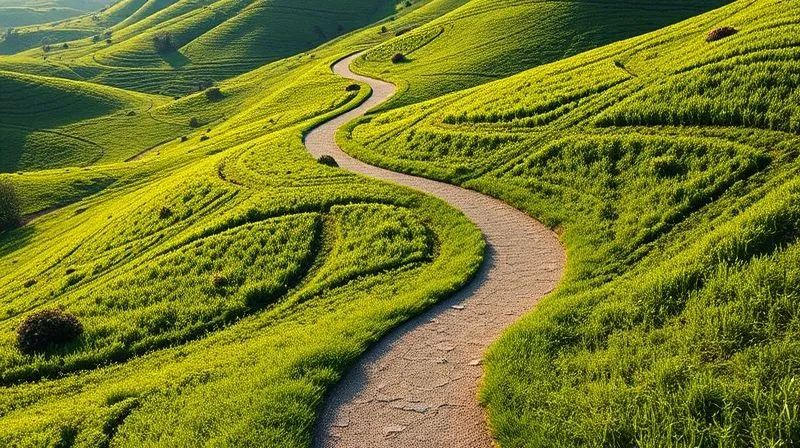 A photorealistic image of a winding path through a lush, futuristic landscape, symbolizing the ongoing journey of sustainability, with a clear, bright horizon. Professional photography, 8K, cinematic lighting, sharp focus on the path, depth of field, shot on a high-end DSLR.