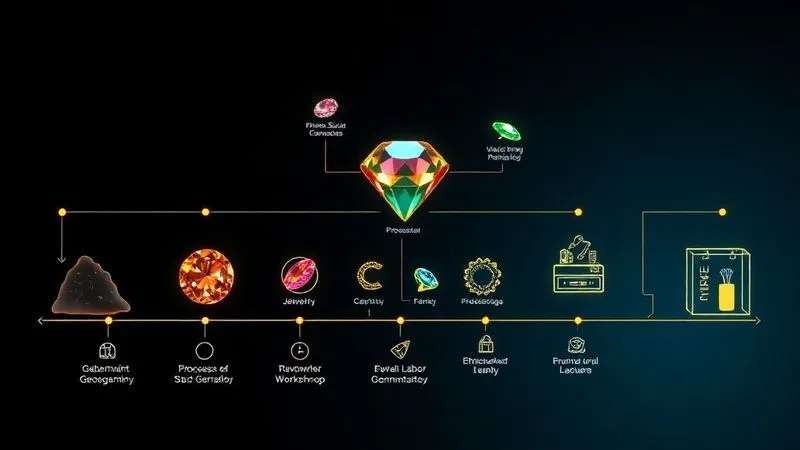 A photorealistic, intricate diagram showing the journey of a gemstone from a mine, through various processing stages (cutting, polishing), to a jewelry workshop, and finally to a retail display. Each stage is clearly depicted with small, illustrative icons representing ethical labor and environmental care. The overall image has a clean, professional aesthetic with subtle glowing lines connecting the stages, symbolizing transparency. Professional photography, 8K, cinematic lighting, sharp focus, depth of field, shot on a high-end DSLR.