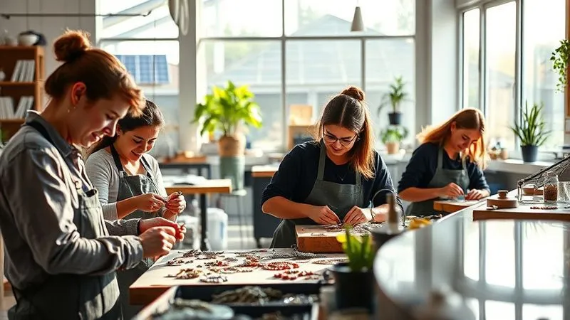 A photorealistic image of a vibrant, modern jewelry workshop with natural light streaming in. Workers are engaged in their craft, smiling. In the background, there are visible elements of sustainability: solar panels on the roof (seen through a window), recycling bins, and plants. The atmosphere is bright, clean, and collaborative. Professional photography, 8K, cinematic lighting, sharp focus on the activity, depth of field blurring non-essential details, shot on a high-end DSLR.