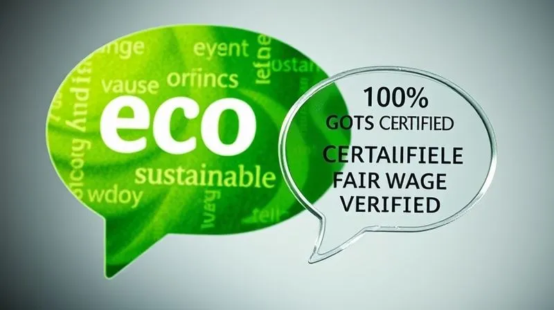A photorealistic, professional photography, 8K, cinematic lighting, sharp focus, depth of field shot on a high-end DSLR of two speech bubbles. One speech bubble is large, green, and fuzzy with vague, swirling words like 'eco' and 'sustainable.' The other speech bubble is smaller, clear, and white, containing precise, sharp text like '100% GOTS Certified Organic Cotton' and 'Fair Wage Verified.' The clear bubble is positioned slightly forward, symbolizing clarity over ambiguity.