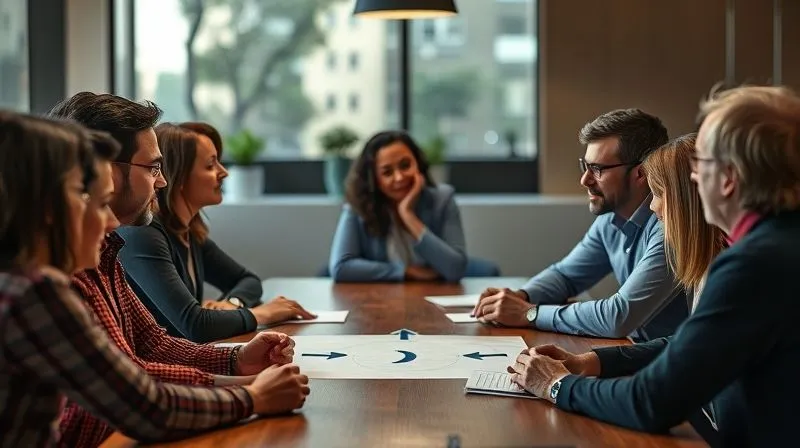 A photorealistic, professional photography, 8K, cinematic lighting, sharp focus, depth of field shot on a high-end DSLR of a diverse group of people (representing consumers) engaged in an open dialogue around a table. A brand representative is actively listening and taking notes, with a clear feedback loop diagram (arrows indicating input and response) subtly overlayed on the table. The lighting is collaborative and inviting, emphasizing communication and responsiveness.