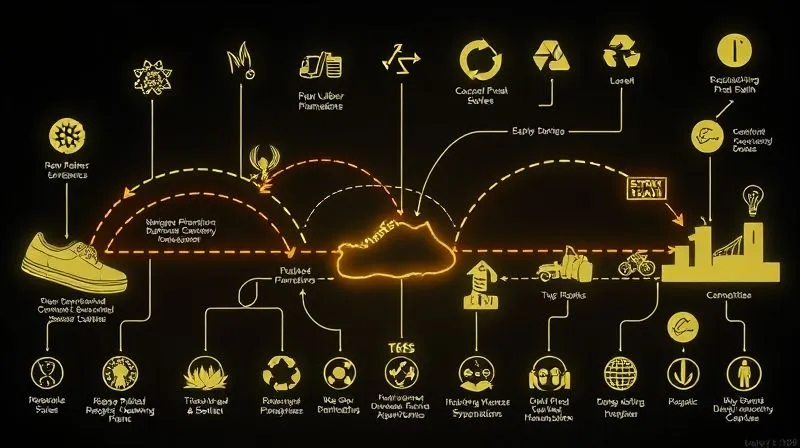 photorealistic, professional photography, 8K, cinematic lighting, sharp focus, depth of field, shot on a high-end DSLR. A detailed, illuminated infographic showing a complex supply chain for sustainable shoes, with clear arrows connecting raw material sources (like rubber plantations, recycled plastic bottles) to manufacturing plants and distribution. Each stage is labeled with icons representing certifications or ethical practices. The overall impression is one of clarity and accountability.