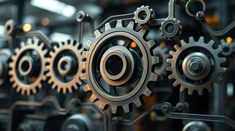 A photorealistic, professional photography image depicting a dynamic, interconnected supply chain for womenswear with various stages (design, production, logistics) shown as interconnected gears, some turning rapidly, representing agility. Cinematic lighting, sharp focus on the central gears, depth of field, 8K hyper-detailed.