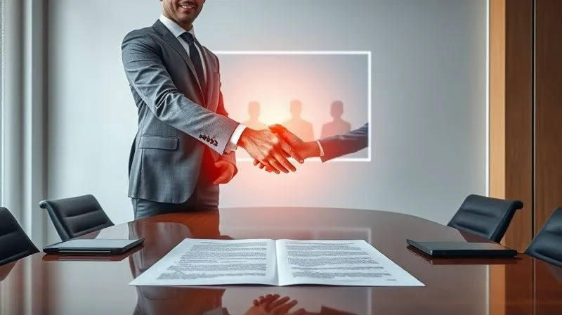 photorealistic, professional photography, 8K, cinematic lighting, sharp focus, depth of field, shot on a high-end DSLR, two business professionals in a modern, minimalist office setting, shaking hands over a large, open legal document on a polished conference table, with a subtle, glowing digital interface projected nearby showing character silhouettes, symbolizing a successful licensing agreement. The atmosphere is one of mutual respect and formal partnership.