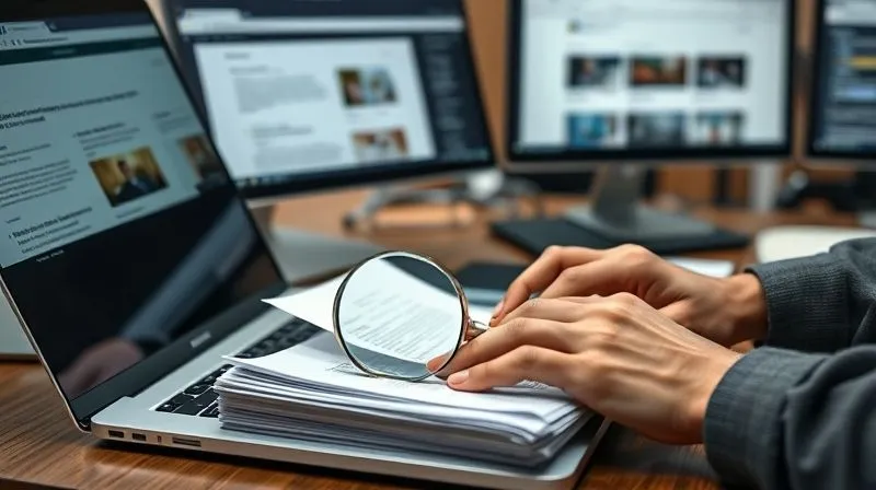 photorealistic, professional photography, 8K, cinematic lighting, sharp focus, depth of field, shot on a high-end DSLR, a person's hands diligently typing on a sleek laptop, surrounded by multiple open web browser tabs displaying various legal databases and image search results. A magnifying glass rests on a physical stack of papers, symbolizing thorough research and due diligence in intellectual property. The scene is well-lit but focused, conveying intense concentration.
