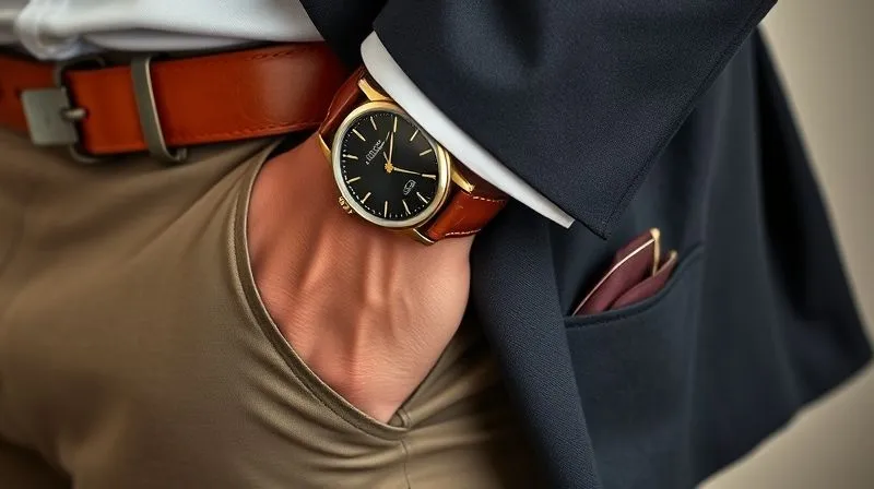 A close-up shot of a man's wrist, showcasing a classic leather-strap watch and a well-matched leather belt peeking from tailored chinos. In the background, a subtle pop of a neatly folded pocket square is visible in a blazer pocket. The focus is on the quality and coordination of these accessories, emphasizing subtle elegance in a professional casual context. photorealistic, professional photography, 8K, cinematic lighting, sharp focus, depth of field, shot on a high-end DSLR.