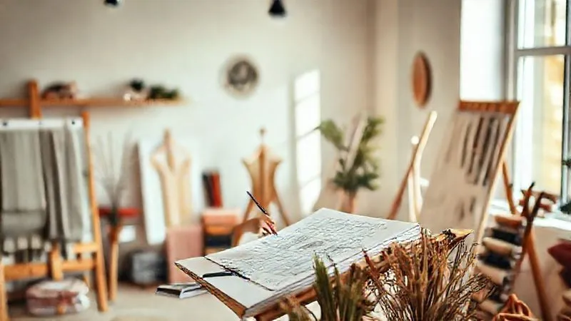 A photorealistic image of a woman, a fashion blogger, intently sketching design ideas in a beautifully lit, minimalist studio, surrounded by mood boards and fabric swatches. She is focused on creating, not just consuming, with a warm, inviting atmosphere, 8K, cinematic lighting, sharp focus, depth of field, shot on a high-end DSLR.