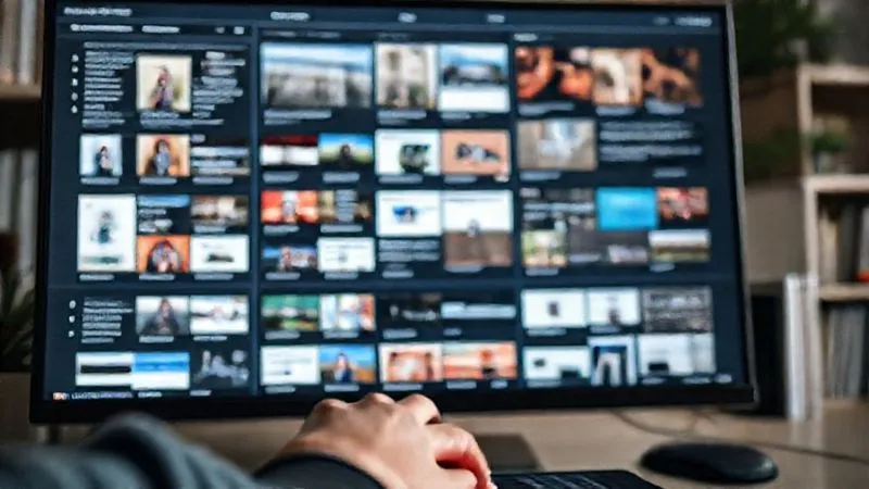 A photorealistic image of a meticulously organized digital content library interface on a large monitor, displaying various content types like blog posts, video thumbnails, and email newsletters, all categorized and tagged for evergreen value. A hand hovers over a mouse, ready to update or repurpose content. Soft, ambient lighting, 8K, cinematic lighting, sharp focus, depth of field, shot on a high-end DSLR.