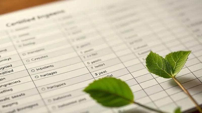 A photorealistic image of a detailed ledger or digital tracking system showing certified organic ingredient sourcing, with green leaves subtly integrated into the design. Cinematic lighting, sharp focus.