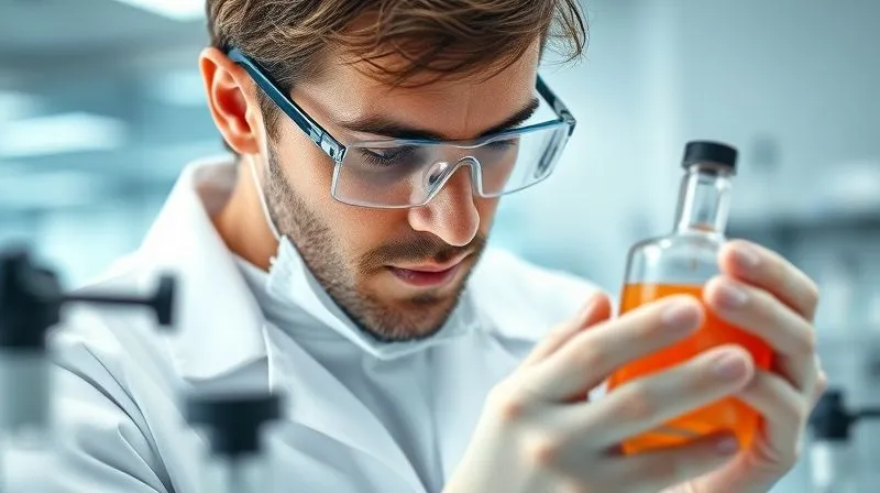 A photorealistic close-up of a scientist in a clean lab coat meticulously examining an organic beauty product with laboratory equipment, sterile environment, sharp focus, vibrant yet natural colors.