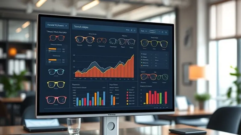 A photorealistic image of a sophisticated data visualization dashboard displaying eyewear trend analytics, with charts and graphs showing upward trends for specific frame styles and colors. The dashboard is sleek and modern, presented on a high-resolution screen in a contemporary office setting, with a blurred background. 8K, cinematic lighting, sharp focus, depth of field, professional photography, shot on a high-end DSLR.