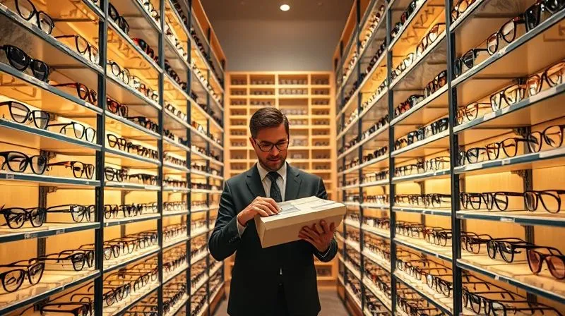 A photorealistic image of a meticulously organized luxury eyewear stockroom, with shelves neatly arranged with limited, high-value designer frames. A person in professional attire is scanning a barcode on a box with a tablet, demonstrating efficient, agile inventory management. The lighting is clean and bright, emphasizing order and precision. 8K, cinematic lighting, sharp focus, depth of field, professional photography, shot on a high-end DSLR.