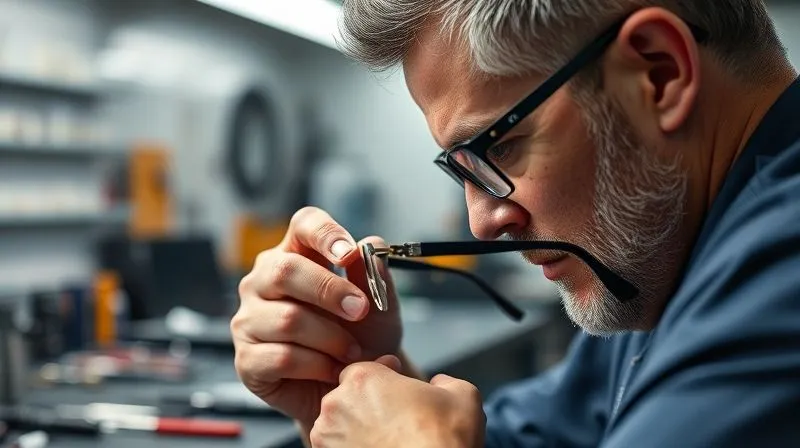 A photorealistic image of a skilled eyewear technician meticulously repairing a pair of high-end designer glasses in a clean, well-lit workshop. Tools are neatly arranged, and the focus is on the intricate work, symbolizing quality after-sales service and sustainability. 8K, cinematic lighting, sharp focus, depth of field, professional photography, shot on a high-end DSLR.