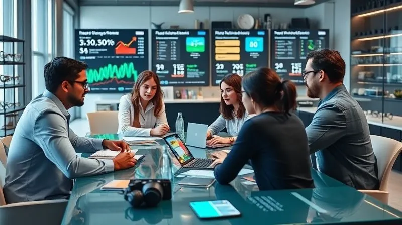 A photorealistic image of a diverse group of eyewear industry professionals engaged in a dynamic brainstorming session around a large table, with digital screens displaying market data and trend forecasts. They are actively collaborating and discussing, symbolizing continuous learning and adaptation. The setting is a modern, light-filled office. 8K, cinematic lighting, sharp focus, depth of field, professional photography, shot on a high-end DSLR.