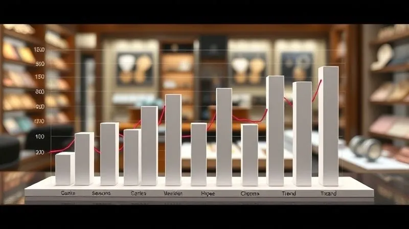 A photorealistic 3D bar chart showing fluctuating sales data for different jewelry categories over past seasons, with a highlighted upward trend for core pieces and sharp peaks and drops for trend items. The chart is clean, modern, and visually engaging, set against a blurred boutique background. Professional photography, 8K, cinematic lighting, sharp focus, depth of field, shot on a high-end DSLR.