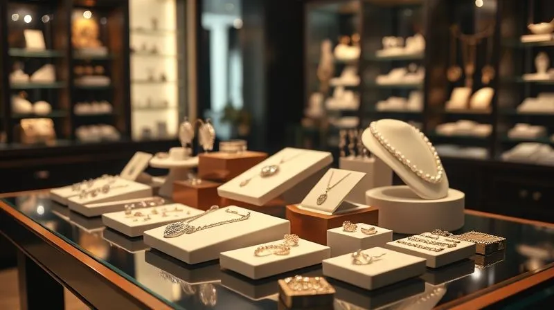 A beautifully arranged display table in a high-end jewelry boutique, showcasing a balanced mix of timeless, classic pieces (e.g., solitaire pendants, pearl earrings) alongside a few carefully selected, subtly trendy items (e.g., layered necklaces, minimalist geometric rings). The lighting is warm and inviting, highlighting the craftsmanship. Professional photography, 8K, cinematic lighting, sharp focus on the jewelry, depth of field blurring the background, shot on a high-end DSLR.