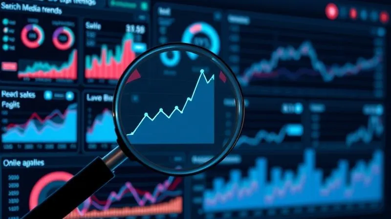 photorealistic, professional photography, 8K, cinematic lighting, sharp focus, depth of field. A high-tech digital dashboard displaying various graphs and charts related to social media engagement, search trends, and online sales data for women's shoes. A stylized magnifying glass hovers over a specific, rapidly rising data point, symbolizing micro-trend detection. The aesthetic is clean, modern, and data-rich, with subtle glowing lines indicating connectivity.