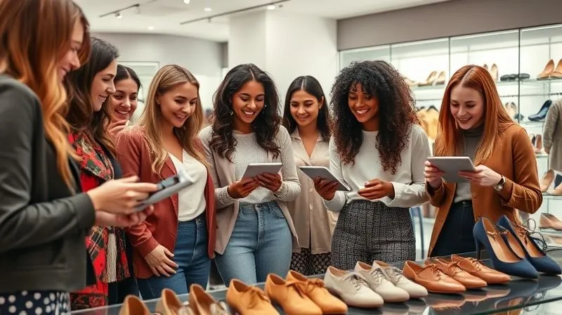 photorealistic, professional photography, 8K, cinematic lighting, sharp focus, depth of field. A diverse group of women (various ages and ethnicities) happily trying on different stylish shoes in a modern, brightly lit retail space. They are smiling, gesturing, and interacting with each other, holding tablets or smartphones to provide feedback. The focus is on their engagement and the shoes, with a soft, inviting atmosphere.