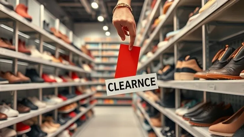 photorealistic, professional photography, 8K, cinematic lighting, sharp focus, depth of field. A neatly organized, modern retail stockroom with shelves of various women's shoes. In the foreground, a single, distinct shelf contains several pairs of a specific shoe style, clearly marked with a 'CLEARANCE' sign or a red tag, visually indicating a strategic markdown. A hand is reaching to move one of these shoes, symbolizing active inventory management and liquidation decisions. The background is slightly blurred, focusing on the marked inventory.