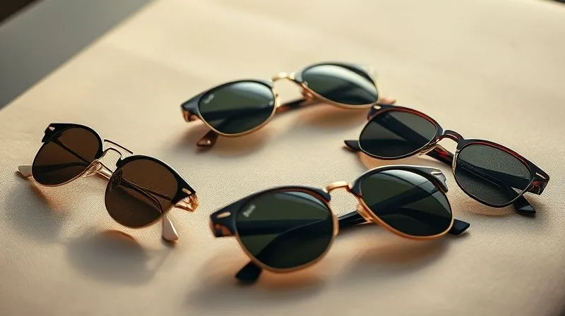 A photorealistic, professional photography, 8K, cinematic lighting, sharp focus, depth of field image showcasing a curated collection of classic sunglass silhouettes: Aviator, Wayfarer, Round, Cat-Eye, and Clubmaster, arranged elegantly on a neutral-toned, luxurious surface. Each pair is perfectly lit, highlighting their timeless design.
