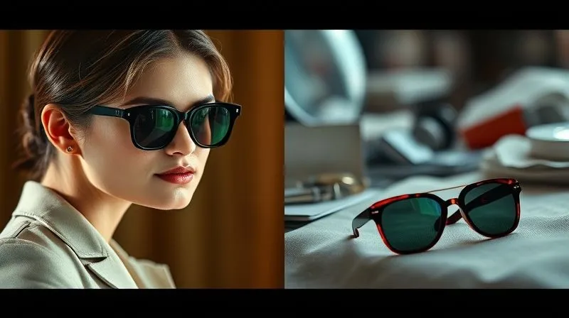 A photorealistic, professional photography, 8K, cinematic lighting, sharp focus, depth of field image depicting two distinct scenes: on one side, a pair of elegant, classic sunglasses being worn confidently by a person in a versatile outfit, bathed in warm, enduring light. On the other side, a pair of brightly colored, exaggerated, trendy sunglasses are discarded on a cluttered dressing table, appearing outdated and forgotten, in cooler, fading light. The contrast emphasizes smart vs. fad choices.